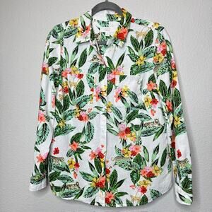 Charter Club Linen Shirt Tropical Jungle Floral Print Button Front Roll Tab M